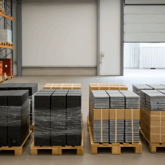 Bild mit 8 Paletten in einer Lagerhalle. Auf den Paletten verpackt sind PC-Komplettsysteme und darauf liegen Laptops. Allerdings sind diese nicht als solche zu erkennen.